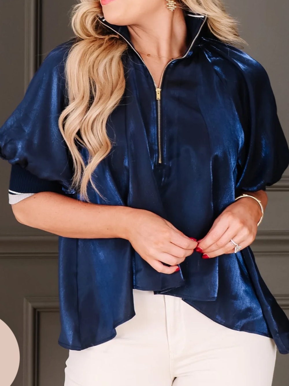 Glam NWT Navy Metallic Puff-Sleeve Jacket Cuff/Neck Half Zip Blouse Sz Small